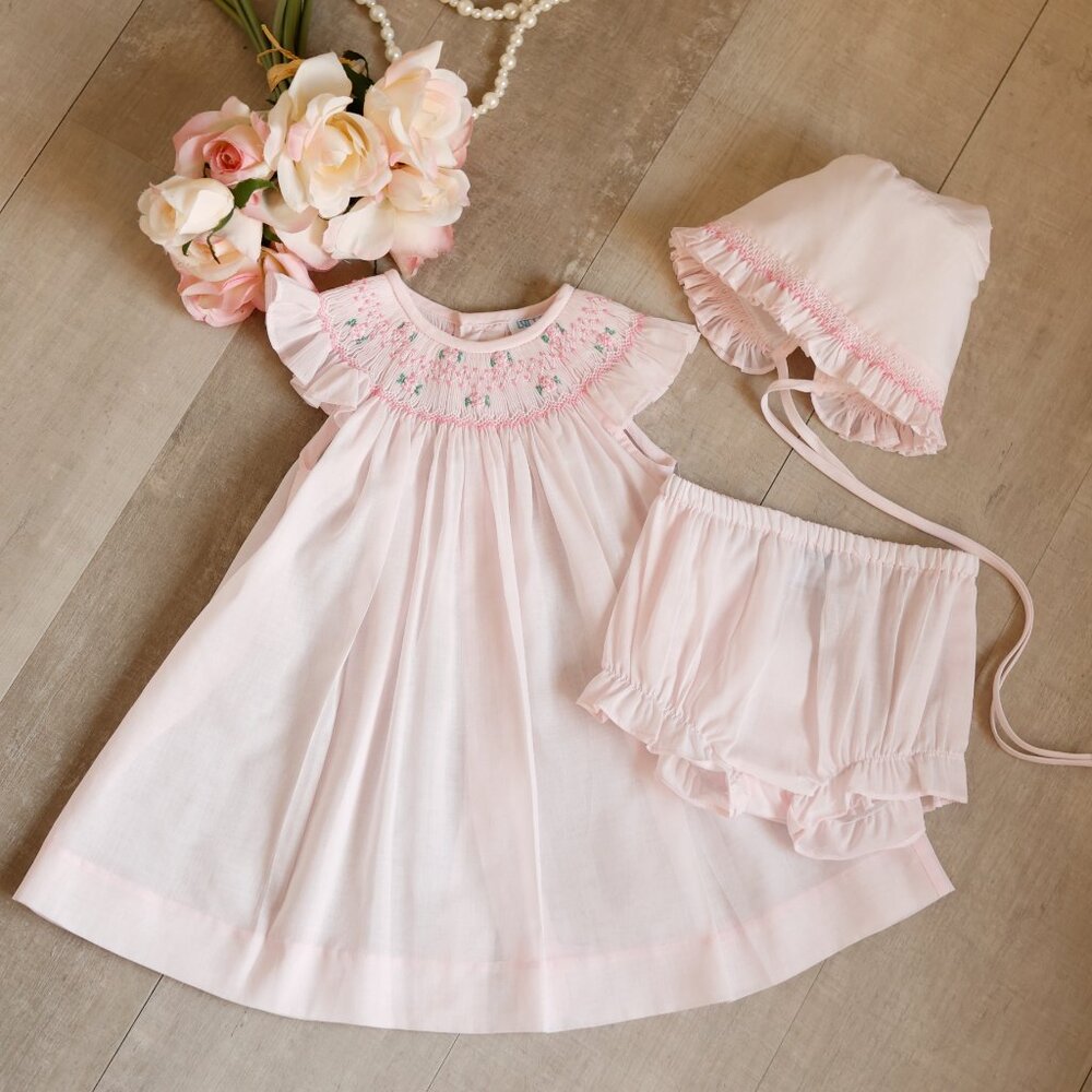 Pink Smocked Dress Set with Bonnet & Bloomers Luli & Me 3/6 Months NWT